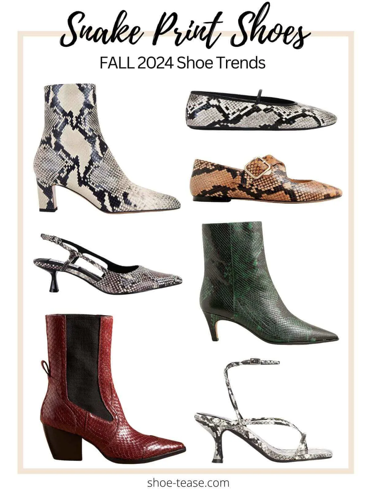 Collage of animal snake print shoes heels and boots for women on a white background.