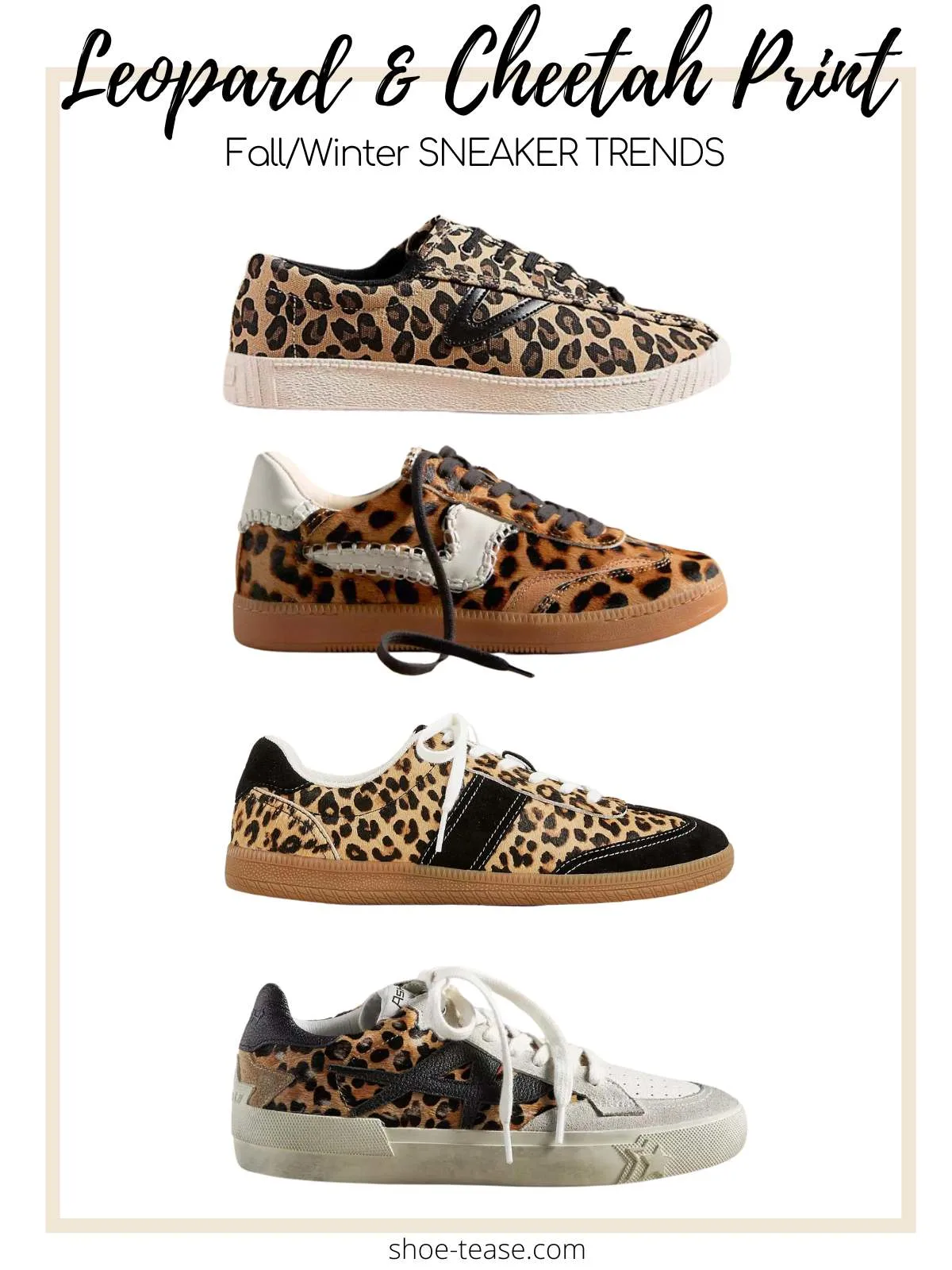 Collage of leopard print and cheetah print sneaker for women on a white background.