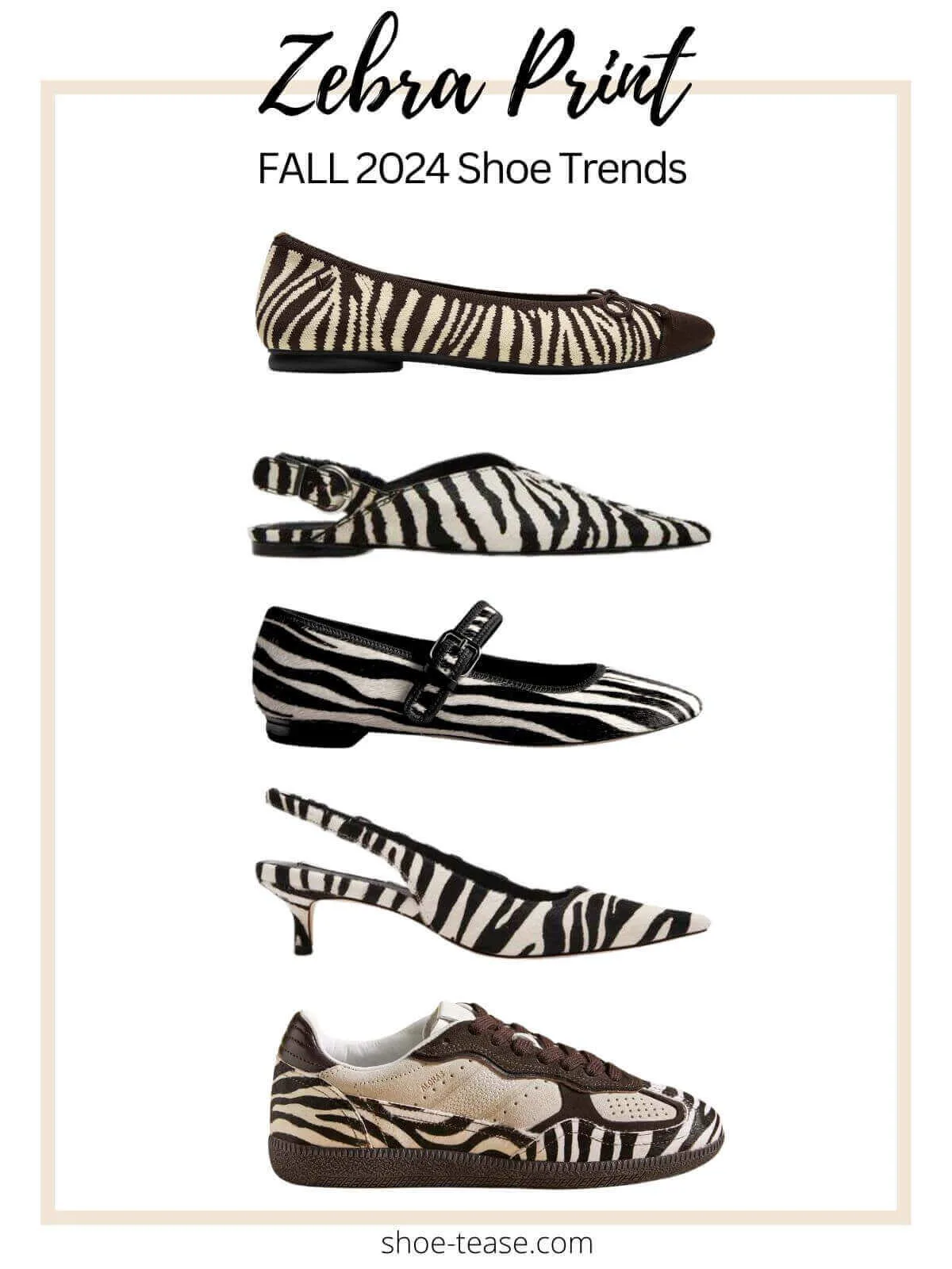 Collage of zebra print animal print shoes flats and heels for women on a white background.