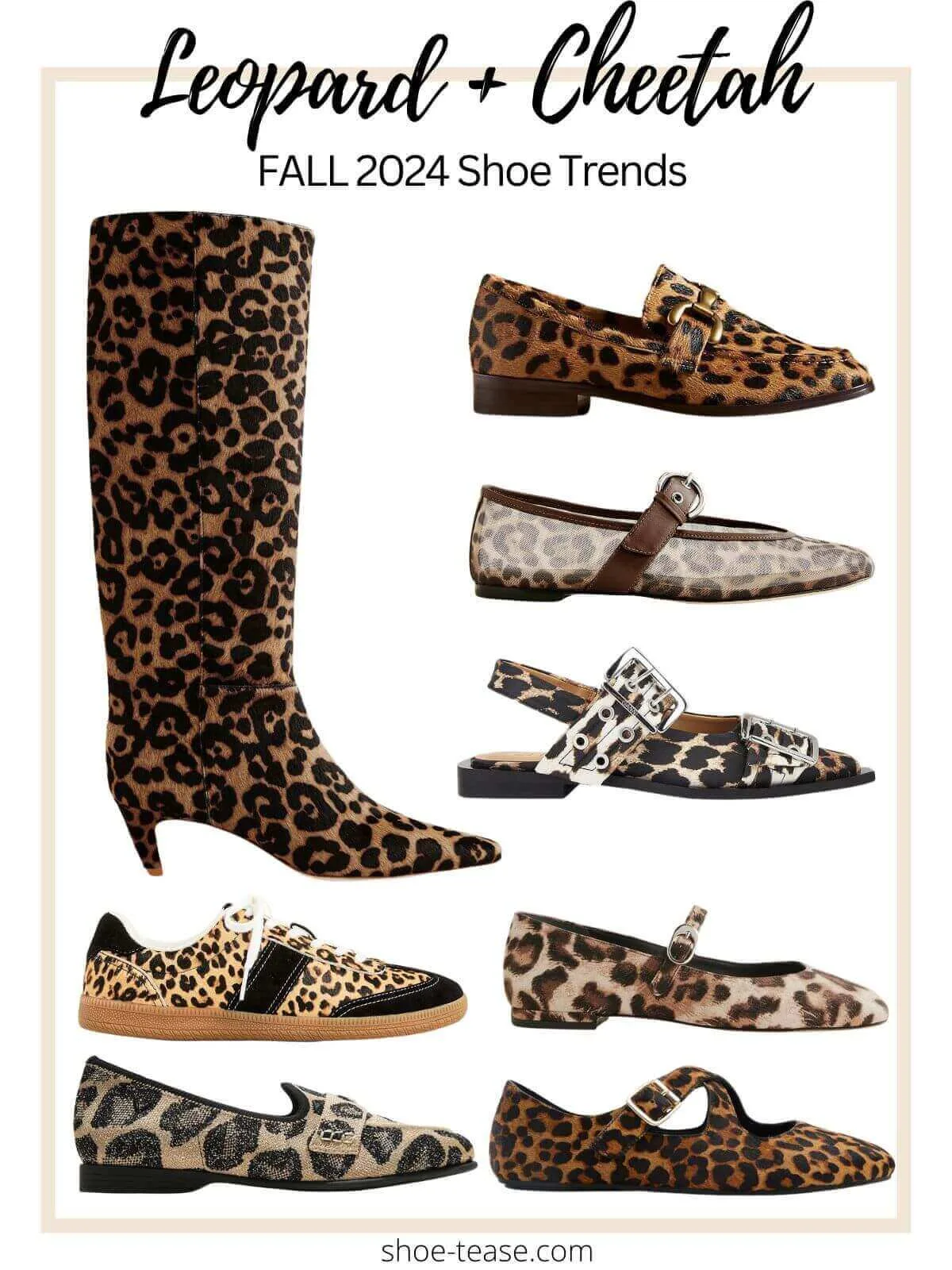 Collage of leopard print and cheetah print shoes heels and boots for women on a white background.