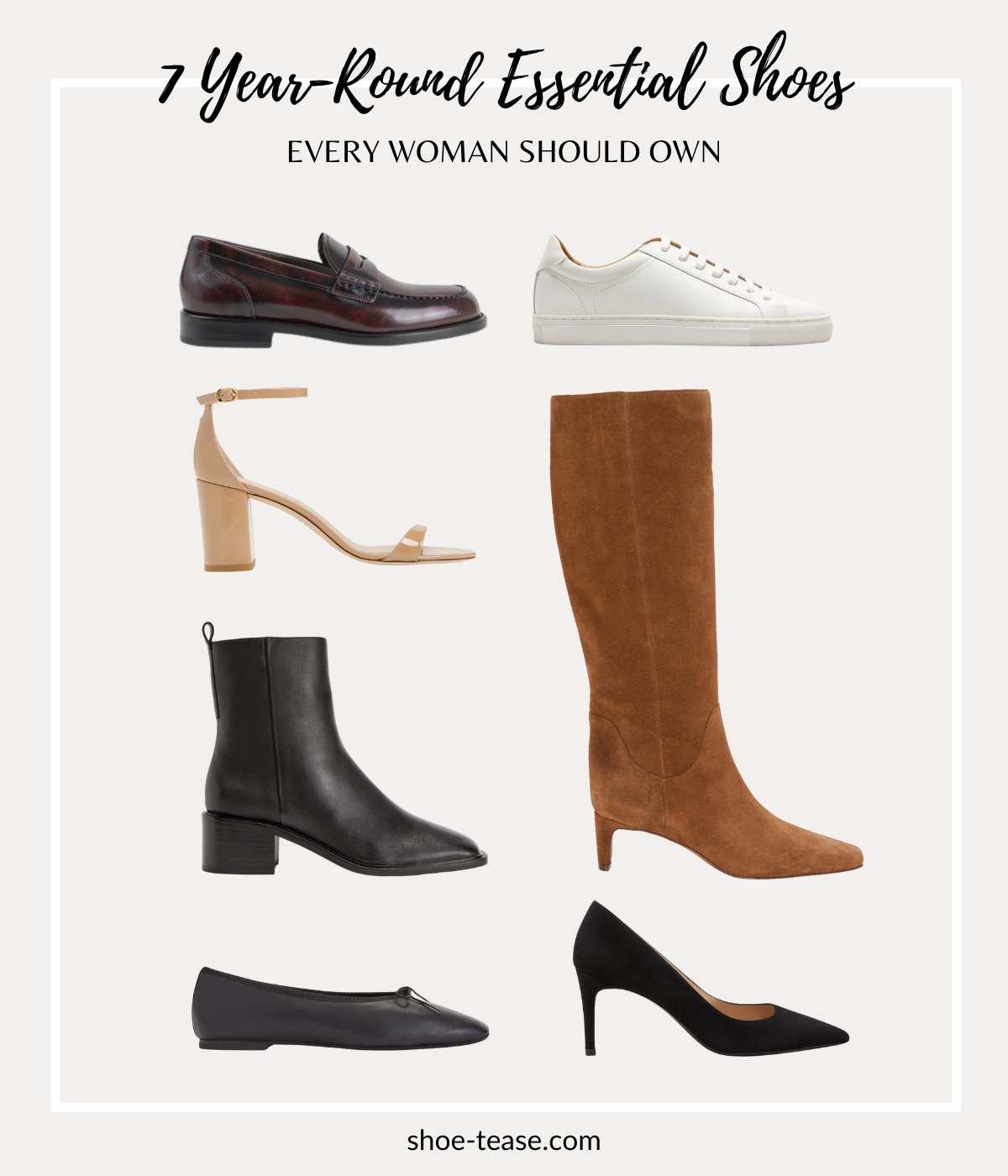 Collage of 7 classic shoe styles for women with text reading 7 year round essential shoes every woman should own.