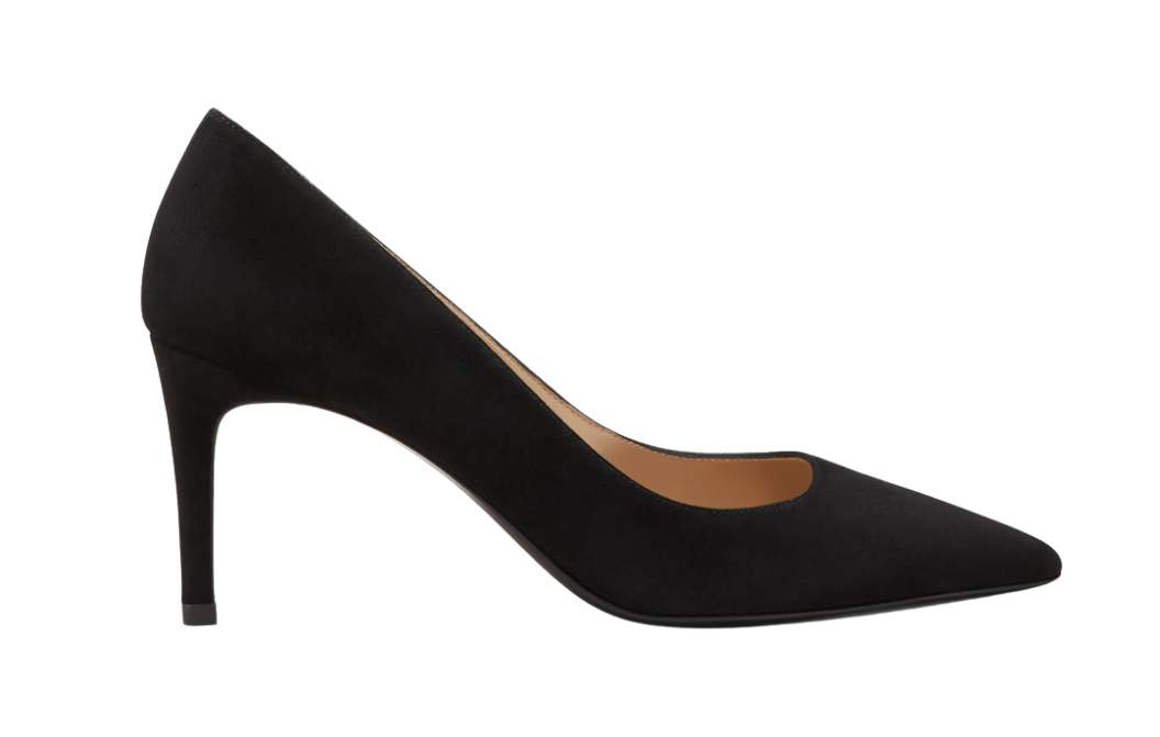 Classic black suede pointy toe pump on white background.