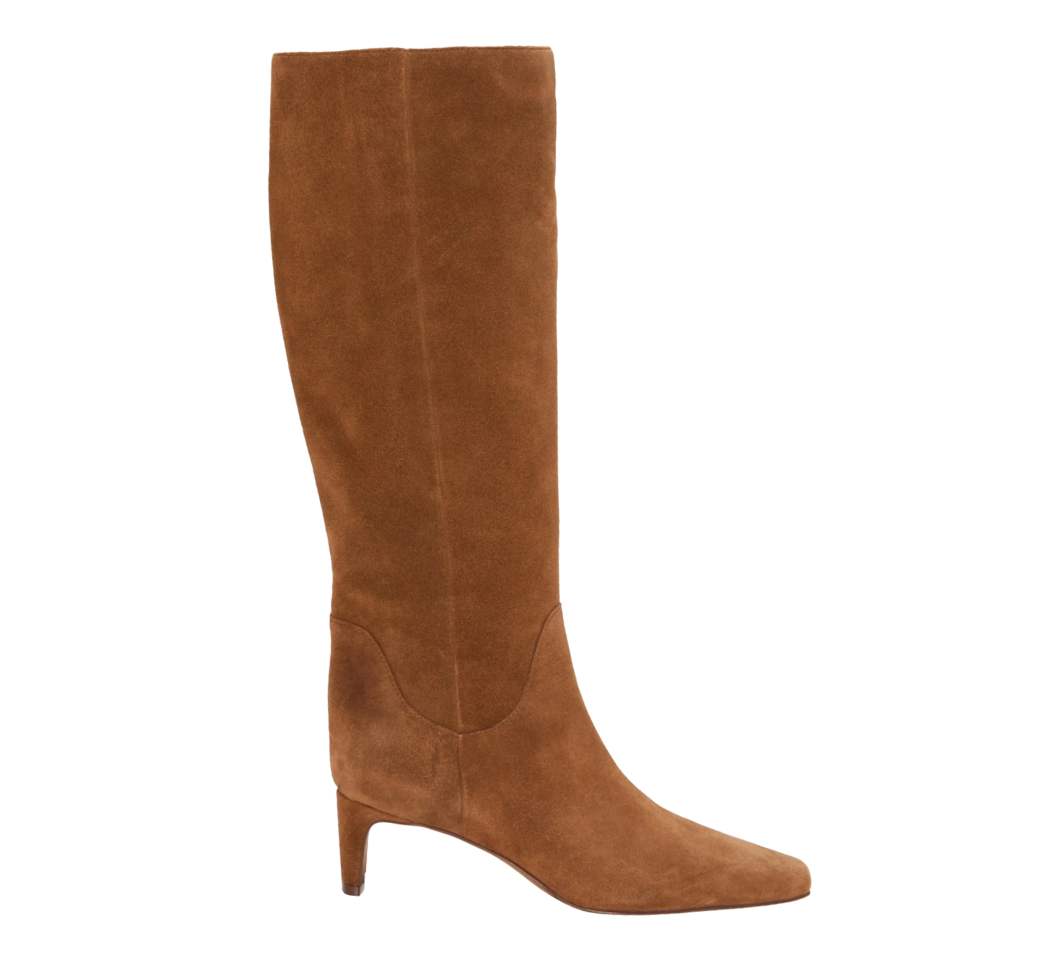 Caramel brown kitten heel knee high boots on white background.