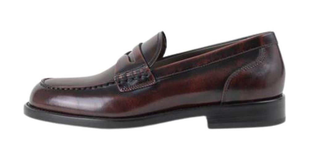 Black brushed burgundy penny loafers for women on white background.